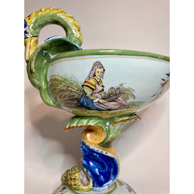 Antique French Quimper Porquier-Beau Footed Compote With Swan Handle For Sale In Dallas - Image 6 of 16