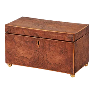 Mid 19th Century English Tea Caddy in Burl Walnut Contrasted With Boxwood Stringing on Brass Ball Feet