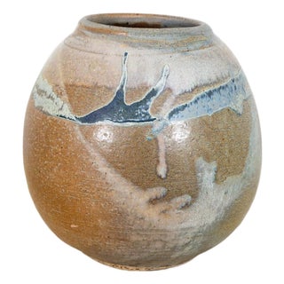 Mid Century Modern Round Vase Blue Tan Glaze Studio Ceramic Weed Vintage Flower For Sale