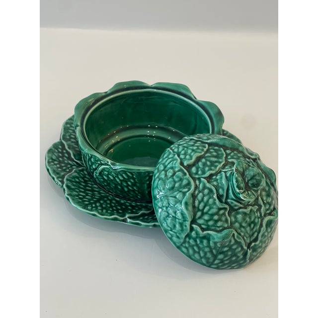 Sarraguemines Pair Majolica Covered Tureens Green Cabbage , by Sarreguemines For Sale - Image 4 of 12