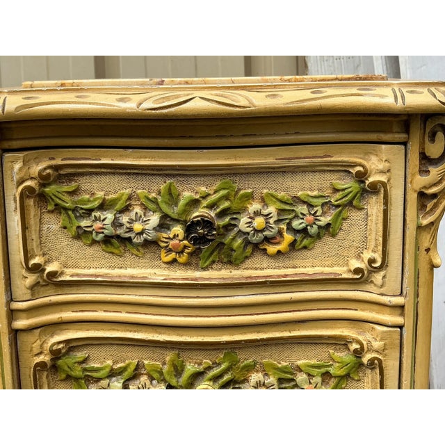 Victorian Cottage Style Marble Top Chests Side Tables W/ Floral Barbola Swags - Pair For Sale - Image 4 of 8
