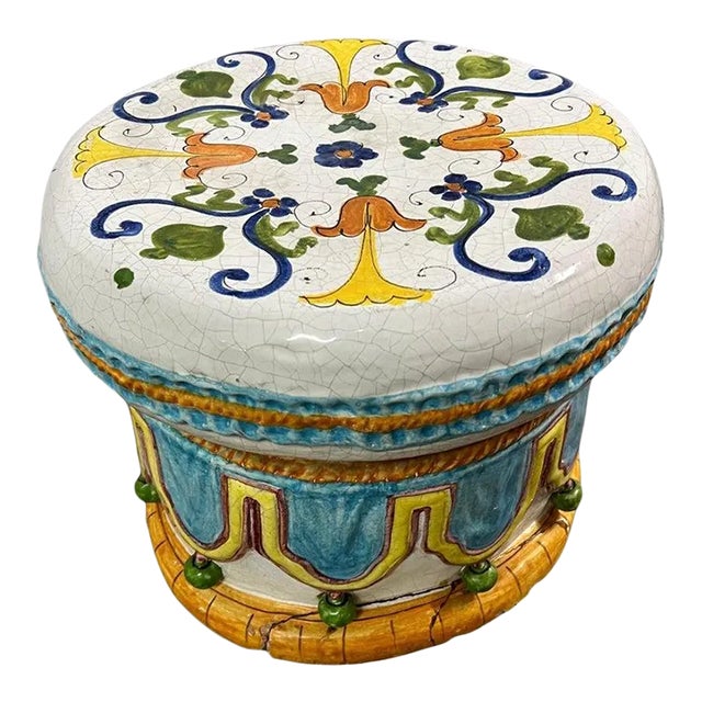 Majolica Italian Ceramic Terracotta Hand Painted Hollywood Regency Stool For Sale