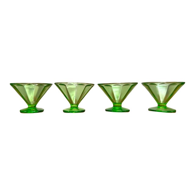 1940s Art Deco Uranium Green Glass Sorbet Cups - Set of Four For Sale