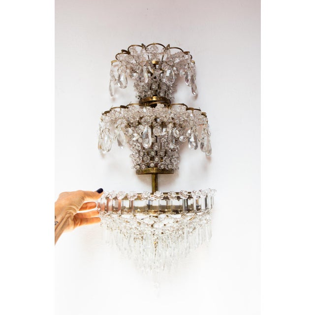 Gold Large French Wall Sconces in Brass and Crystal, 1940s, Set of 2 For Sale - Image 8 of 14