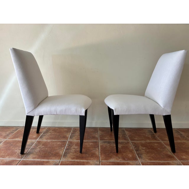 White Contemporary Ebony and White Linen Dining Chairs For Sale - Image 8 of 11