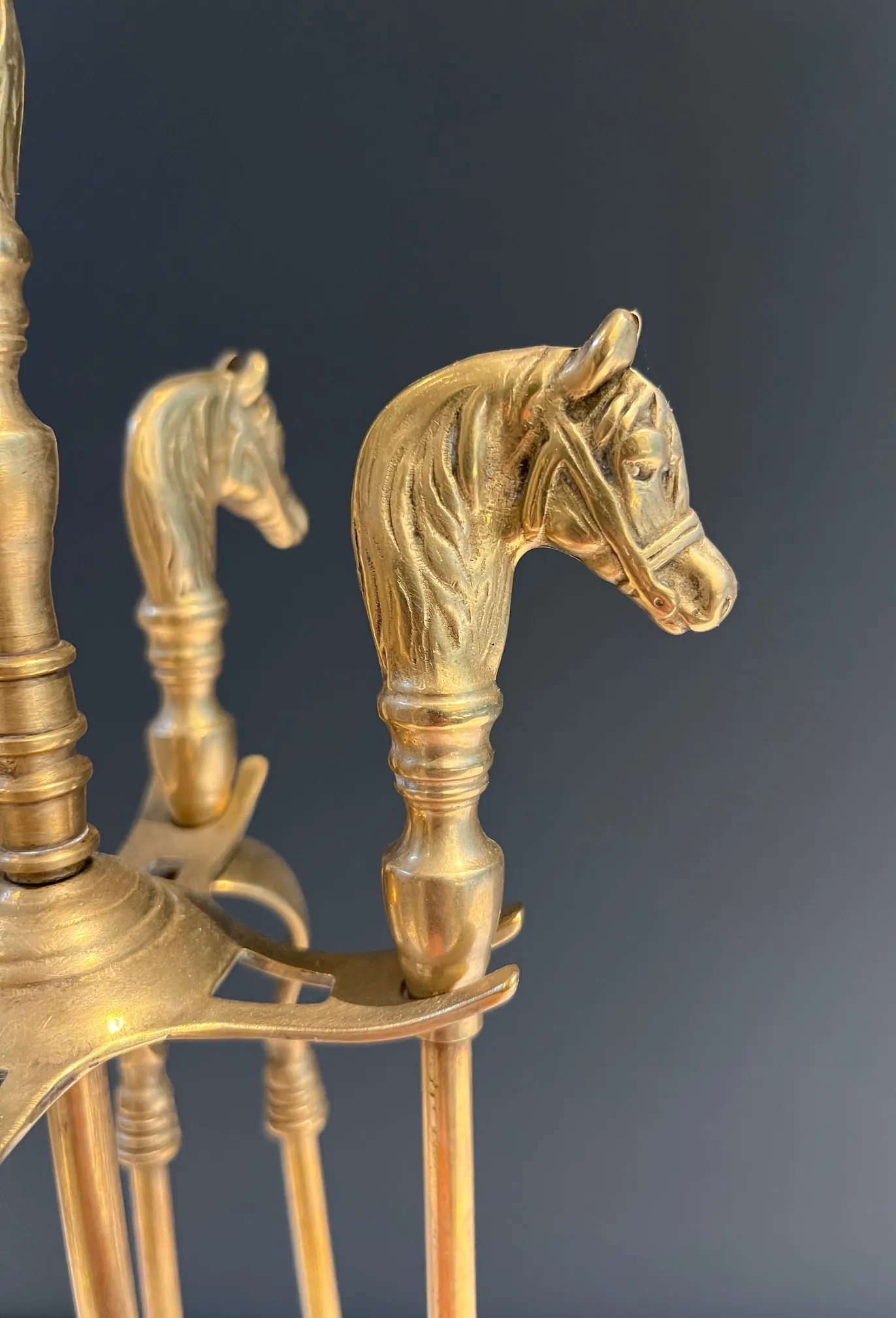 Circa 1970 Neoclassical Style Brass Horse Heads Fireplace Tools on