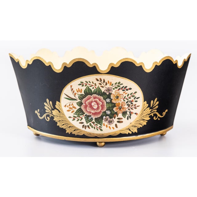 Vintage Italian Black and Gilt Tole Floral Jardiniere Cachepot For Sale - Image 11 of 11
