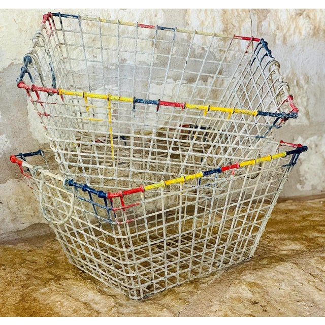 Rustic European 1930's Vintage French Wire Oyster Baskets Color Coded to Identify the Owner- a Pair For Sale - Image 3 of 12