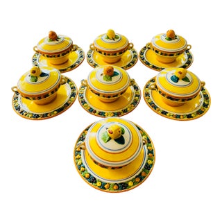 Vintage Italian Farmhouse Majolica Della Robbia Lidded Bowls and Service Plates, Set/7 For Sale
