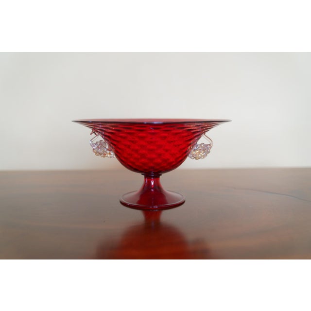 Mid-Century Modern Vintage Ruby Red Murano Art Glass Footed Compote With Applied Grapes For Sale - Image 3 of 12