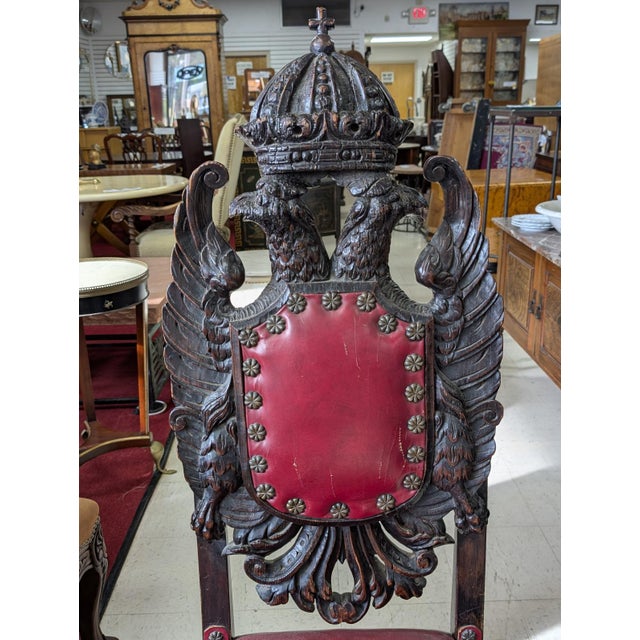 Red Antique Carved Heraldic Throne, Highback Chair For Sale - Image 8 of 13