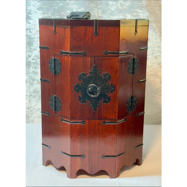 Mid 20th Century Vintage Korean Octagonal Wooden Cabinet With Merlot Finish, Black Hardware & Lock For Sale - Image 5 of 18