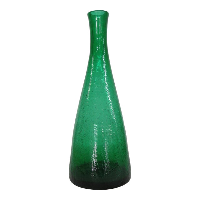 Emerald Green Crackle Glass Decanter Bottle Vase No Stopper For Sale