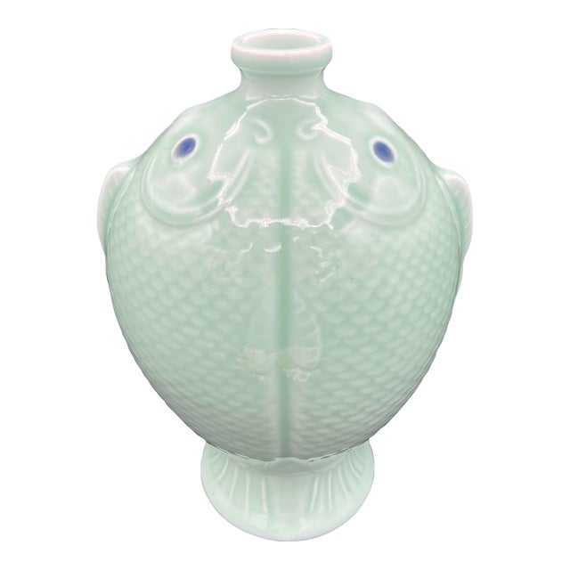 Late 20th Century 13.6" Qianlong Marked Chinese Celadon Glaze Porcelain Double Fish Vase Bottle For Sale