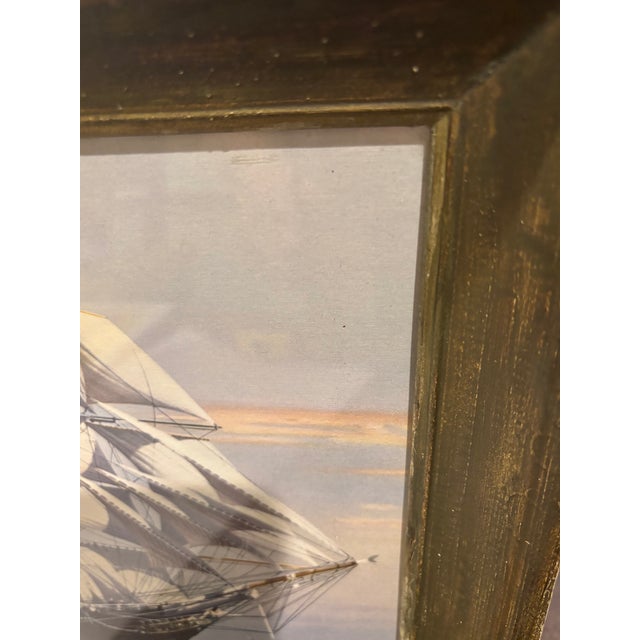 Vintage Nautical Tall Ship Framed Reproduction Print — Classic Maritime Sailing Ship Art — Original Wood Frame For Sale In San Diego - Image 6 of 6
