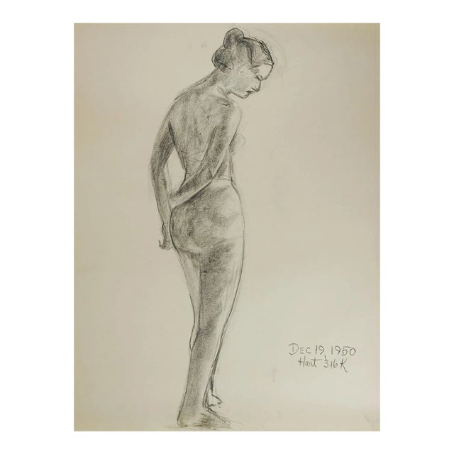 Vintage Mid 20th Century Charcoal Portrait Drawing of Standing Woman For Sale