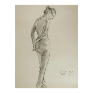 Vintage Mid 20th Century Charcoal Portrait Drawing of Standing Woman