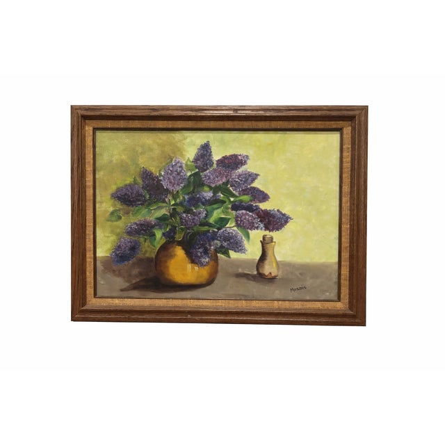 Vintage Mid-Century Signed and Framed Still Life Original Oil on Canvas Painting of Lilacs in a Jug, 1950s–1960s For Sale - Image 12 of 12