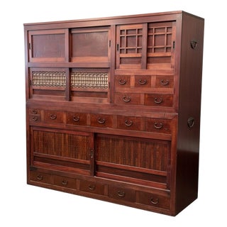 Antique Japanese Mizuya-Dansu Cabinet – Meiji/Taisho Period Kitchen Chest With Lattice Doors, Bamboo Paneling & Multiple Drawers For Sale