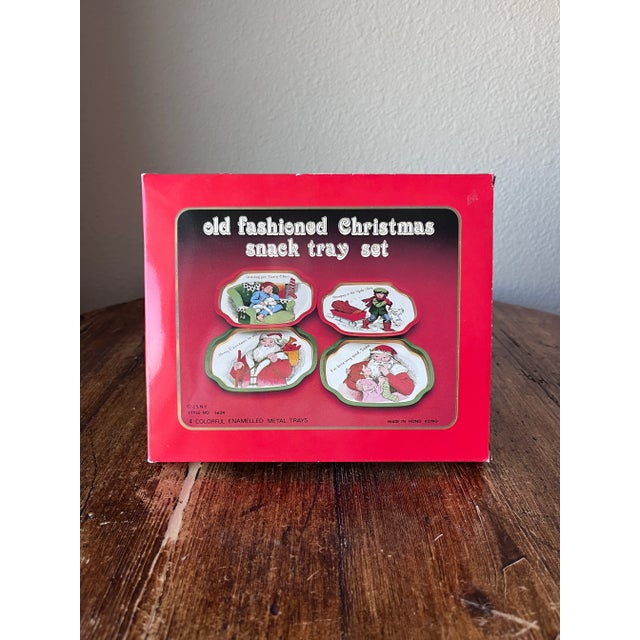 Vintage JSNY Old Fashioned Style Christmas Snack Enameled Metal Tray Set Set of 4 trays Made in Hongkong Each Tray...