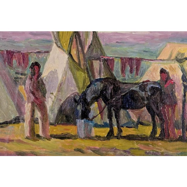 John E. Carlson, View of Camp with Natives, 1927, Oil Painting For Sale - Image 3 of 10
