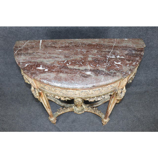 French 19th Century French Louis XVI Style Distressed Demilune Marble Top Console Table For Sale - Image 3 of 15