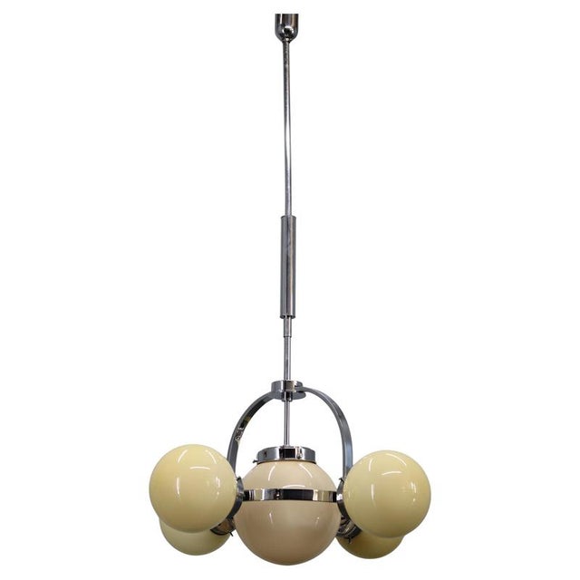 Vintage Art Deco Chrome Pendant Light with Champagne Opaline Glass Shades, 1930s For Sale - Image 16 of 16