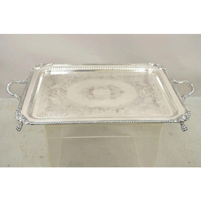 Antique English Victorian Rectangular Silver Plated Platter Bar Tray on Paw Feet. Circa Early 20th Century. Measurements:...