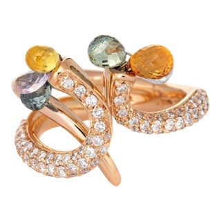 Giovanni Ferraris Pave Diamond Ring Rainbow Sapphires 18k Rose Gold Estate size 6.5 For Sale