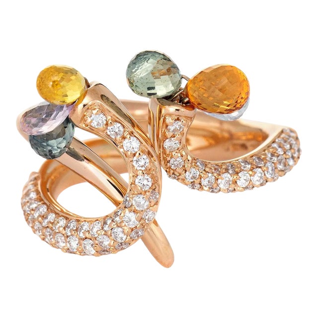 Giovanni Ferraris Pave Diamond Ring Rainbow Sapphires 18k Rose Gold Estate size 6.5 For Sale