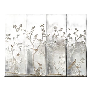 Silver Leaf Chinoiserie Hand-Painted Neutral Floral & Bird Wall Panels (Set of 4) For Sale