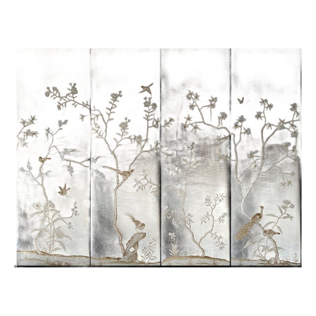 Silver Leaf Chinoiserie Hand-Painted Neutral Floral & Bird Wall Panels (Set of 4) For Sale
