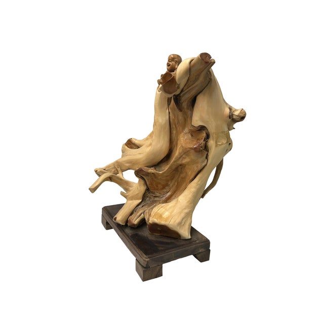 Chinese Cypress Root Wood Carved Irregular Happy Buddha Statue Artistic Figure For Sale - Image 3 of 9