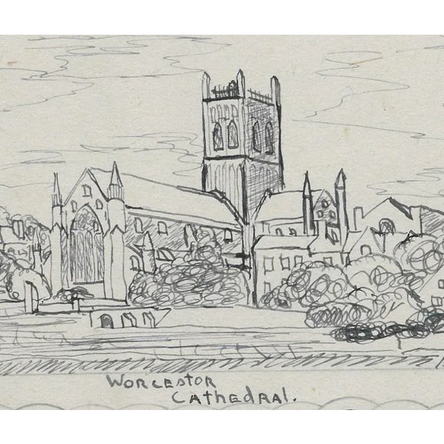1943 drawing of Worcester Cathedral by Devon, England artist William E. Wood. Signed with Wood's initials on the back....