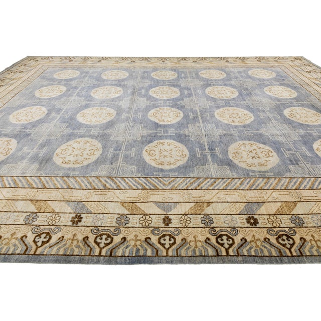2010s Hand-Knotted Modern Khotan Wool Rug Muted Blue and Sand Medallion Pattern For Sale - Image 5 of 11