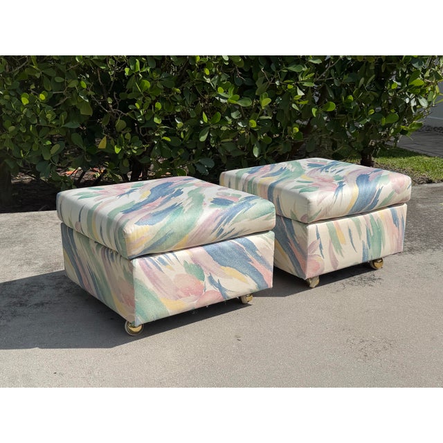 Late 20th Century Vintage Postmodern Upholstered Cube Ottomans on Brass Casters, a Pair For Sale - Image 5 of 12
