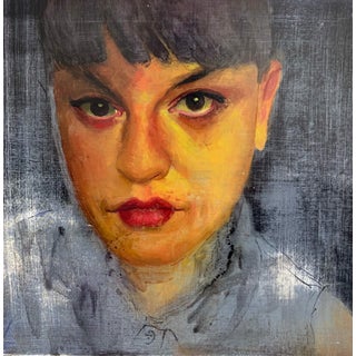 Self by Fikriye Oz | Oil on panel Portrait of a woman with bold features and dark hair. For Sale