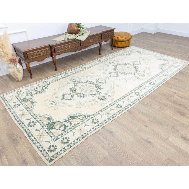 Vintage Oushak Hand-Knotted Turkish Wool Runner Rug For Sale - Image 4 of 16