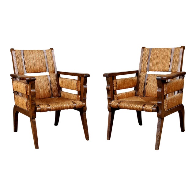 Bespoke Hand-Rushed Oak Lounge Chairs - a Pair For Sale
