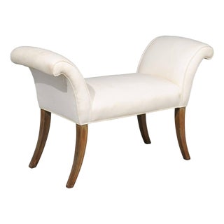 Mid 20th Century English Midcentury Petite Upholstered Bench with Saber Legs and Scrolled Arms For Sale