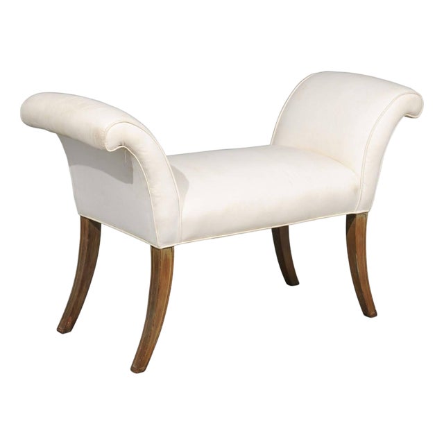 Mid 20th Century English Midcentury Petite Upholstered Bench with Saber Legs and Scrolled Arms For Sale