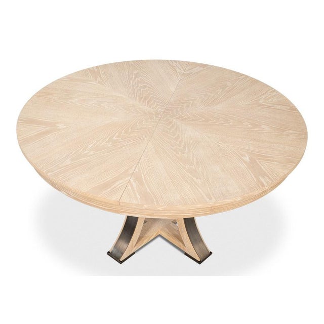 Beige Transitional Round Dining Table, Medium – Bleached Oak With Hammered Iron Accents For Sale - Image 8 of 11