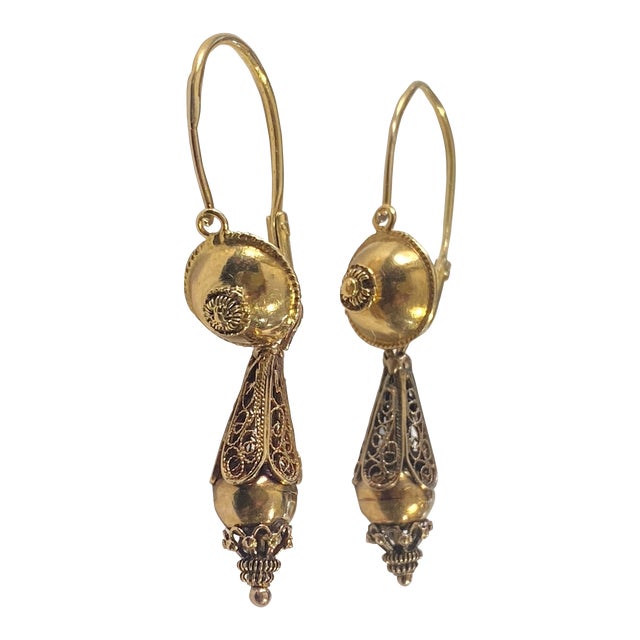 Antique Gold Portuguese 18k Filigree Bomb Drop Earrings For Sale
