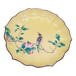 Vintage Enamel on Copper Asian/Bird Dish Motif For Sale