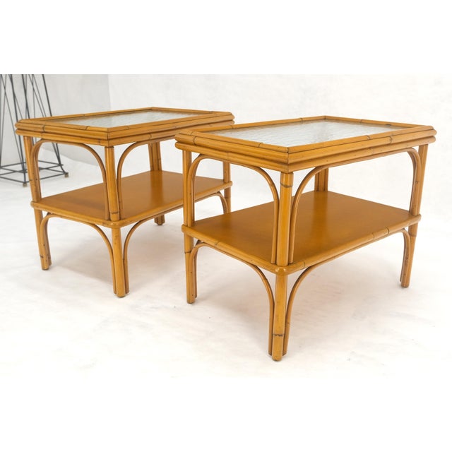 Late 20th Century Pair c1970s Bamboo Rattan Two Tier Rippled Glass Top Rectangle End Side Tables For Sale - Image 5 of 14