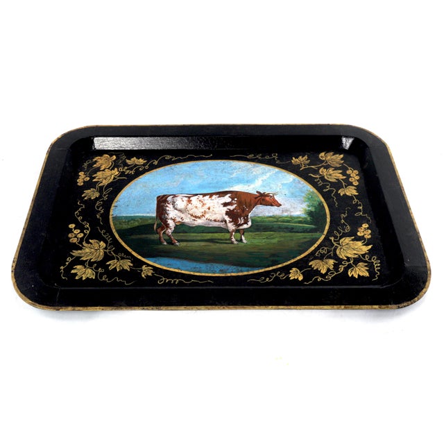 20th Century Hand-Painted English Countryside Art Decorative Metal Tray For Sale - Image 12 of 12