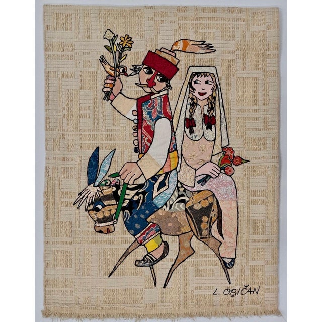 Lazar Obican 1944-2004 Tapestry, mixed media applique on woven background Taking The Bird Away, Folk Art, Dimensions: H 80...