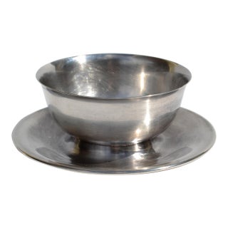 1950s Wallace Silver Plate Serving Bowl Attached Saucer Mid-Century Modern Tableware For Sale