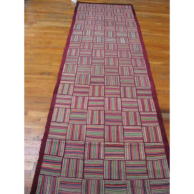 1930s Multicolor Checkerboard Folk Art Antique American Hooked Rug 3'2" X 10' 4" Carpet For Sale - Image 11 of 14