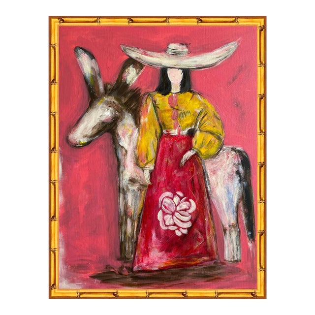 Cowgirl With Donkey Painting – Western Country Art – Palm Beach Style Colorful Wall Art – Original Acrylic Painting by Tatiana Duperault For Sale